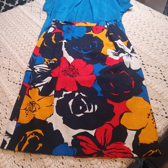 Vtg 90s 6 Flora Kung Colorful Pop Art 100% Silk Floral Skirt Shirt Luxury Office - Picture 2 of 15